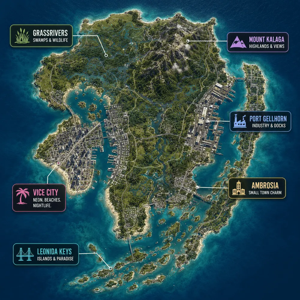 GTA 6-kaart van Leonida: Vice City, Port Gellhorn, Mount Kalaga, Grassrivers, Ambrosia en Leonida Keys